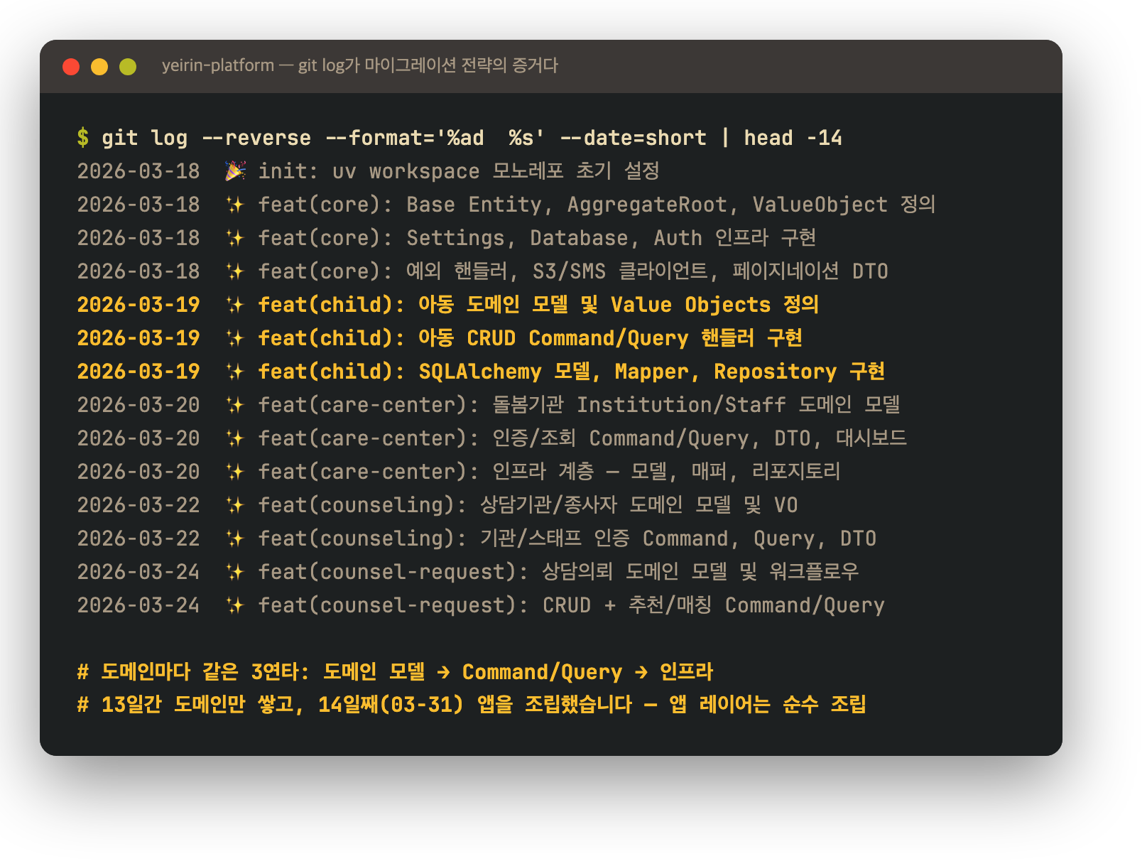 git log가 증거다 — 도메인마다 같은 3연타 커밋