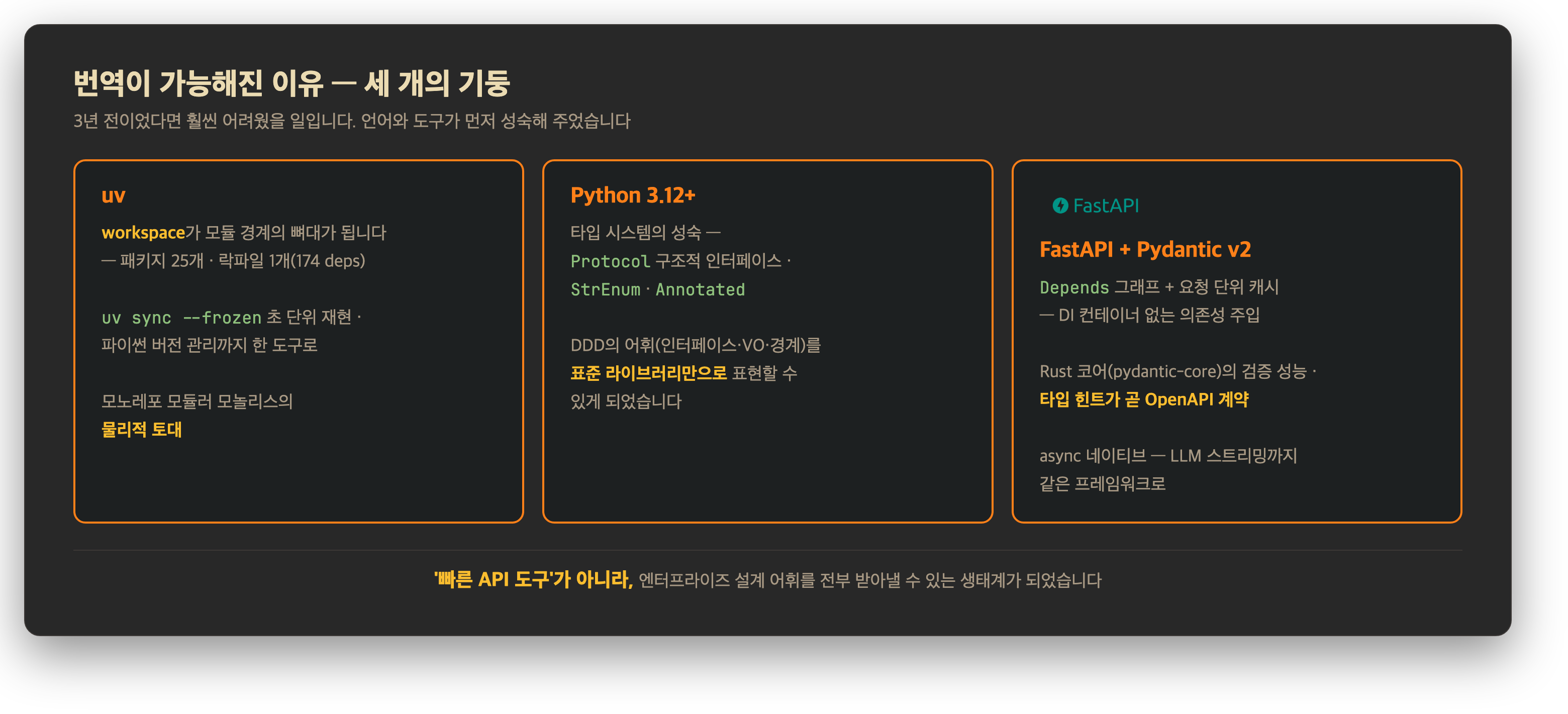 번역을 가능하게 한 세 개의 기둥 — uv, Python 3.12, FastAPI+Pydantic v2
