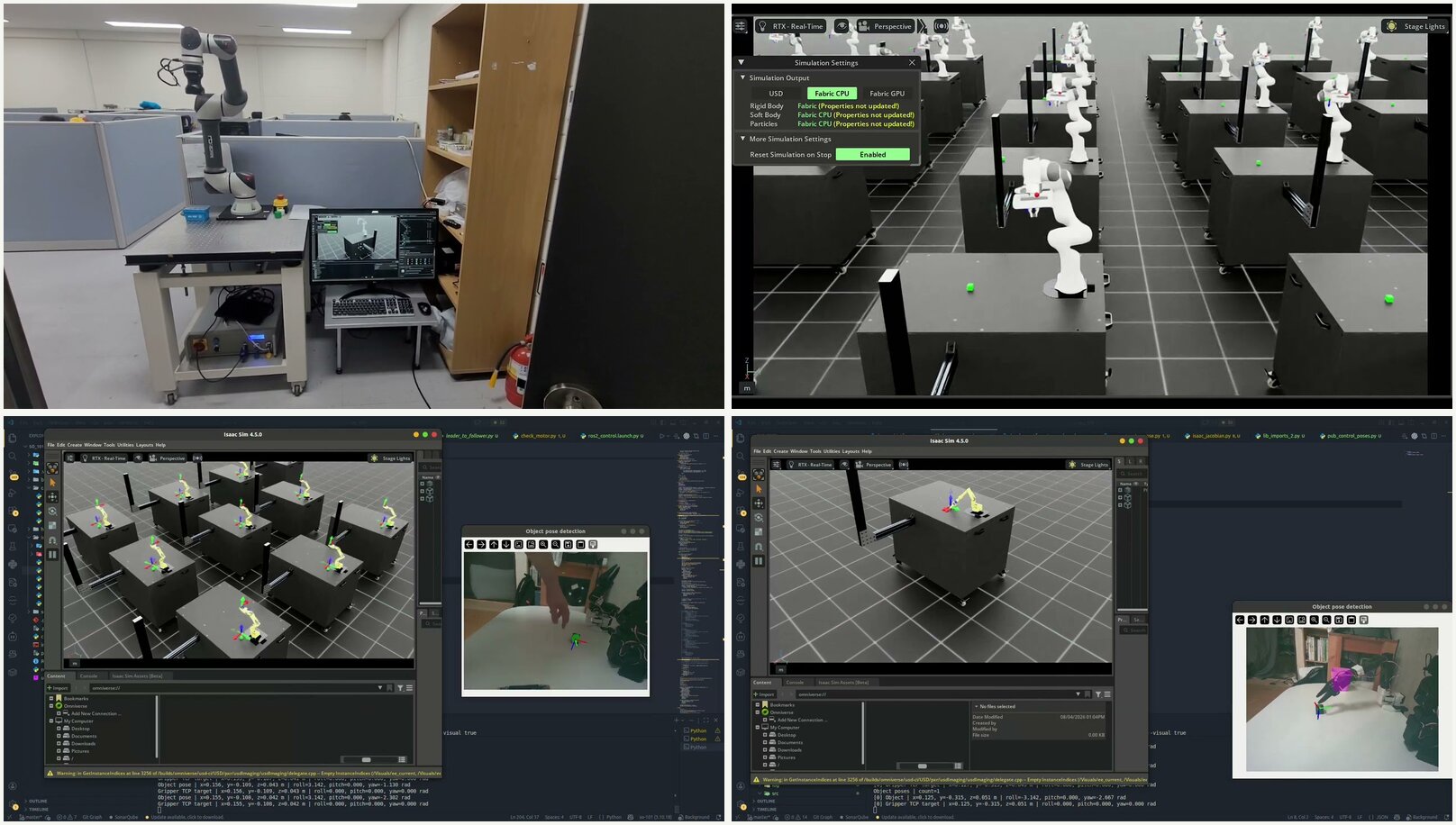 SC Lab 유튜브 영상 썸네일 네 장: RB5 로봇팔 sim-to-real, Isaac Lab Franka 강화학습, 6D 포즈 추정, 큐브 분류 자동화